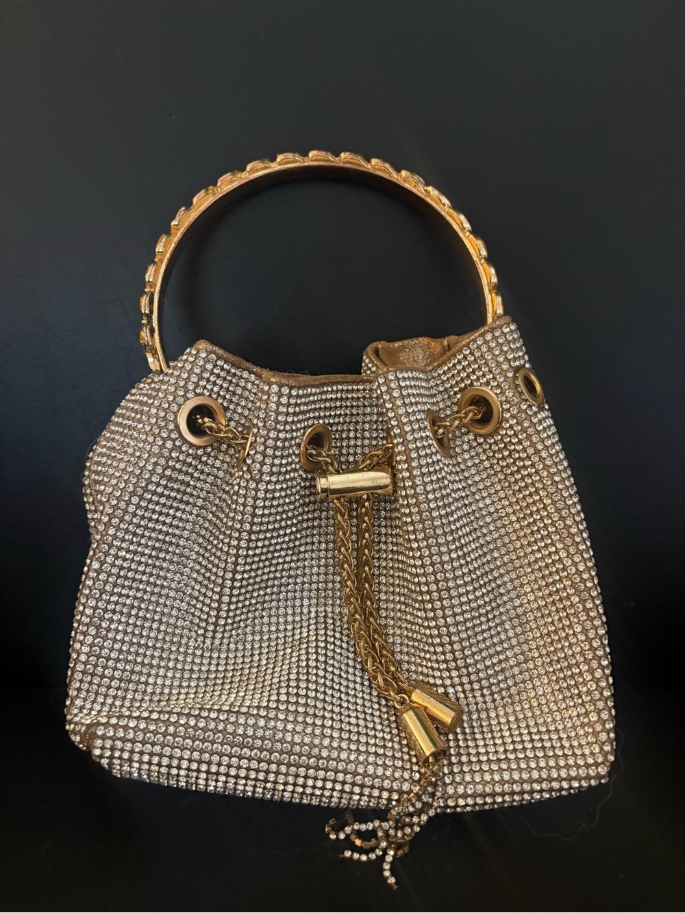 Gold Crystal Drawstring Bucket Bag with Metal Handle